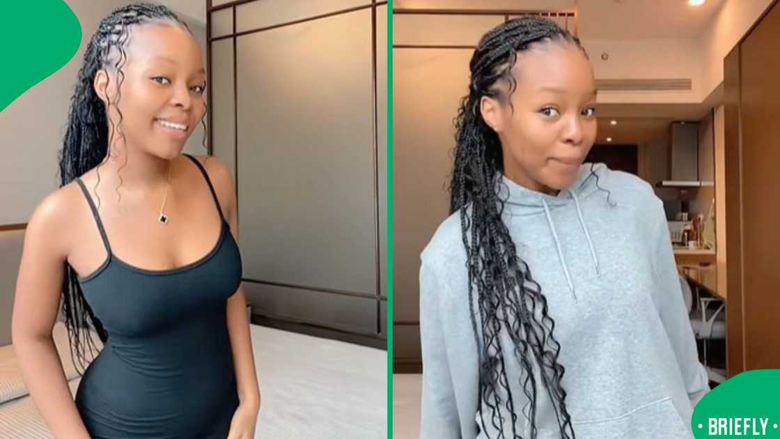 The picture on the right captured a woman wearing a grey sweater The picture on the right captured a woman wearing a grey sweater