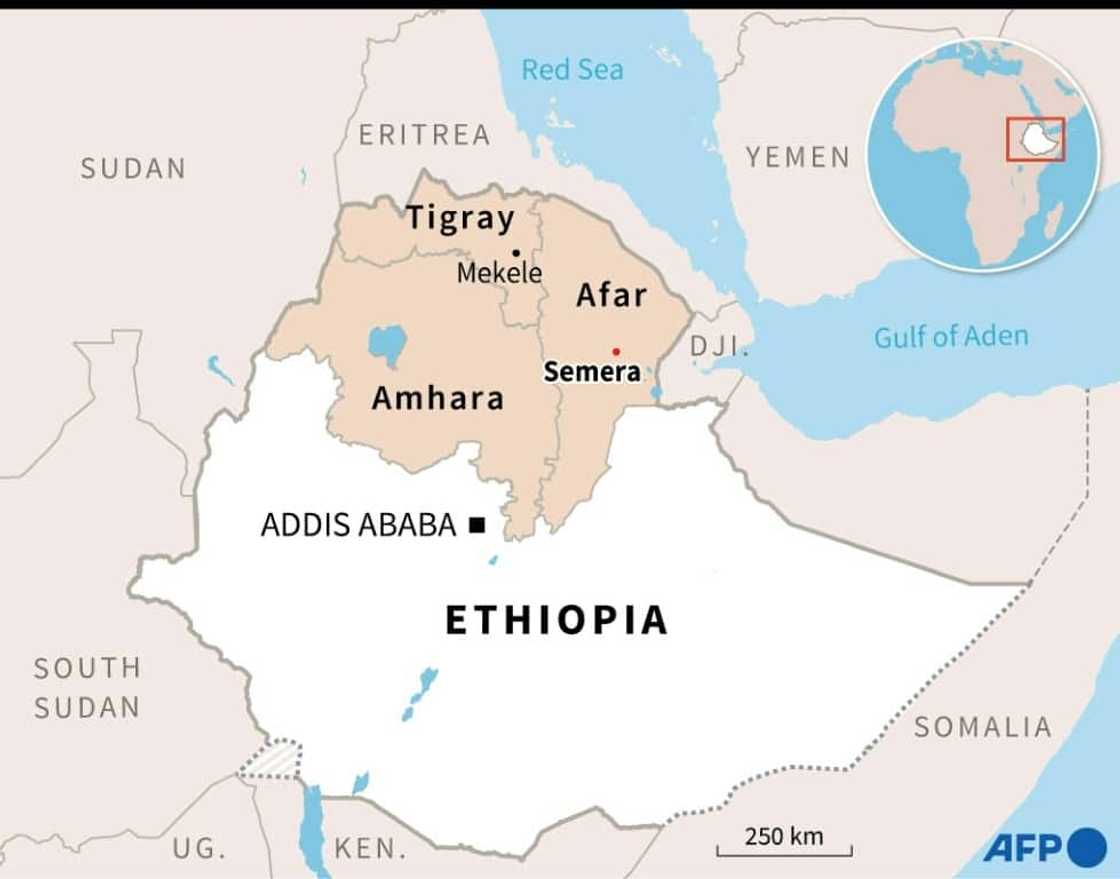 Map showing the Tigray, Afar and Amhara regions of Ethiopia