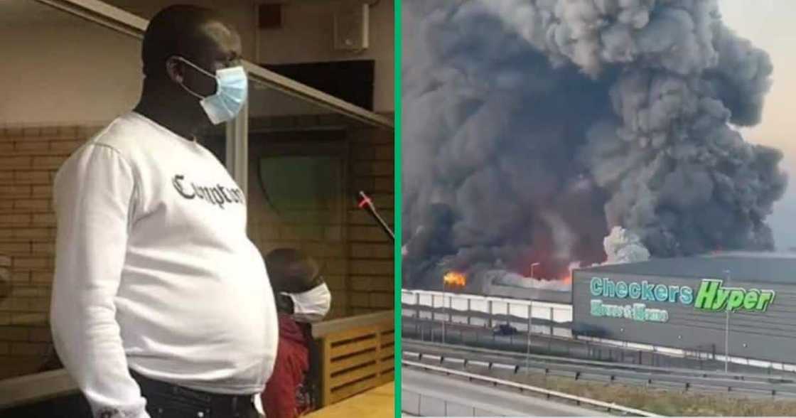 Collage image of Mdumiseni Zuma and Brookside Mall on fire