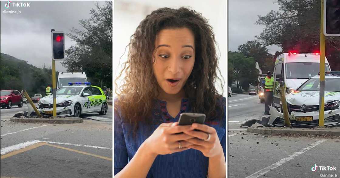 A traffic officer crashed their VW GTI into a traffic light. A traffic officer crashed their VW GTI into a traffic light.