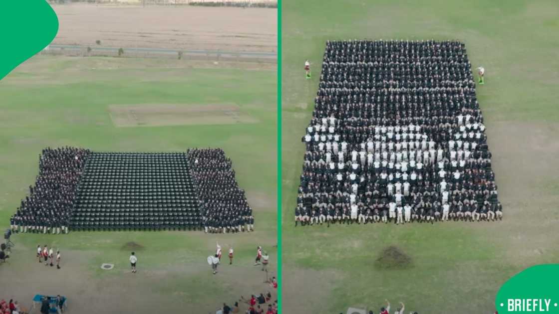 Curro Durbanville learners formed a coordinated human pattern on the field, with contrasting uniforms creating a visible design Curro Durbanville learners formed a coordinated human pattern on the field, with contrasting uniforms creating a visible design