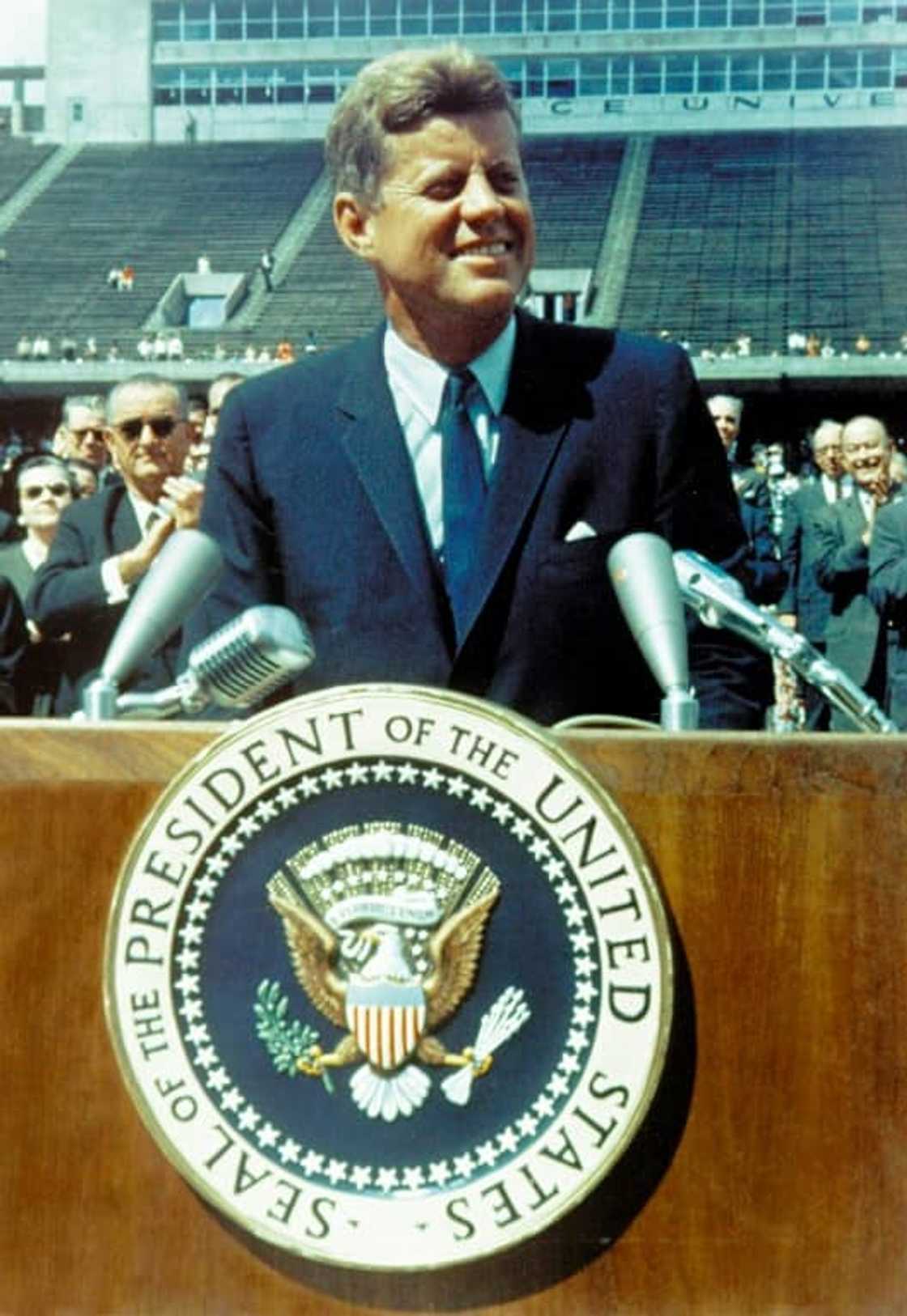 "We choose to go to the Moon," Kennedy told 40,000 people at Rice University, "because that challenge is one that we are willing to accept, one we are unwilling to postpone, and one which we intend to win" "We choose to go to the Moon," Kennedy told 40,000 people at Rice University, "because that challenge is one that we are willing to accept, one we are unwilling to postpone, and one which we intend to win"