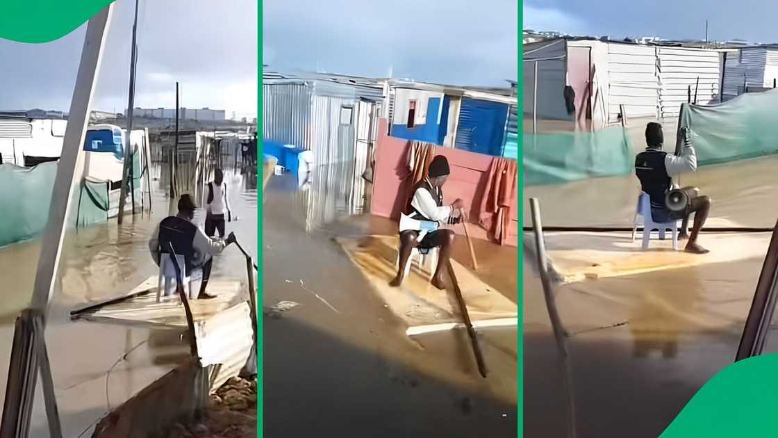 A man using a makeshift raft in floods amused South Africans.