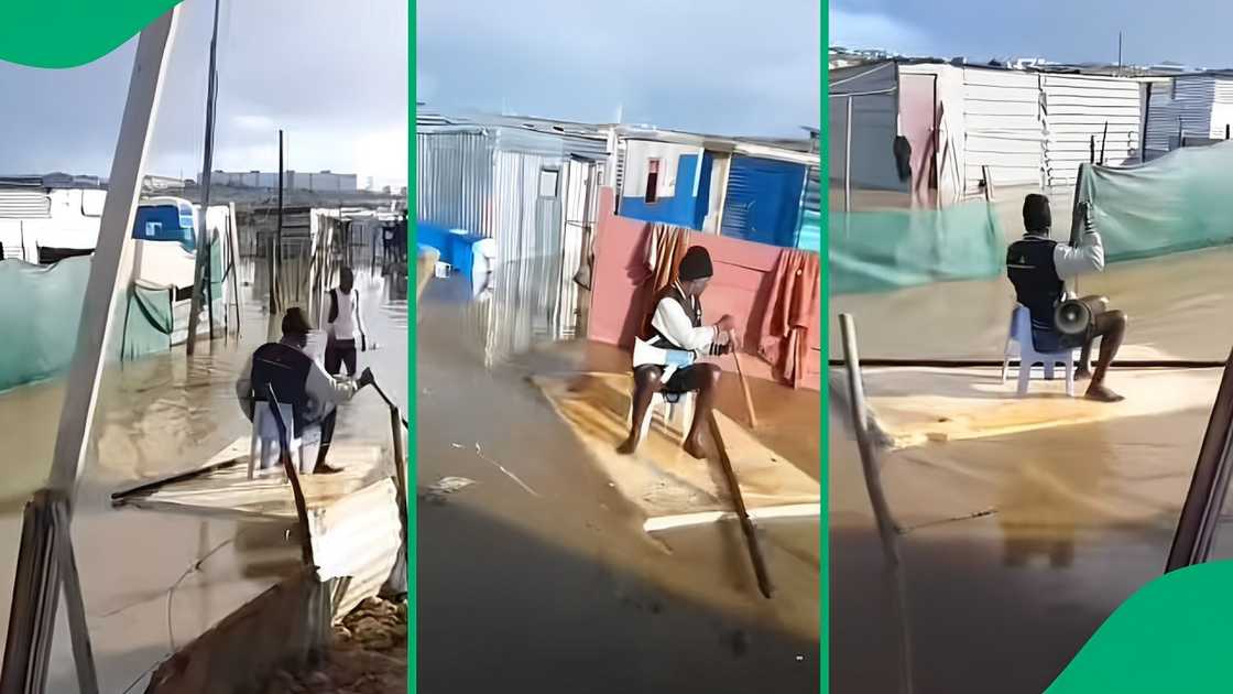 A man using a makeshift raft in floods amused South Africans. A man using a makeshift raft in floods amused South Africans.