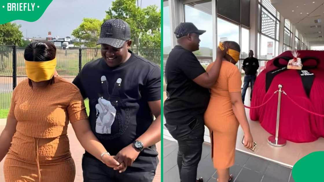 A husband surprised his wife with a new car. A husband surprised his wife with a new car.