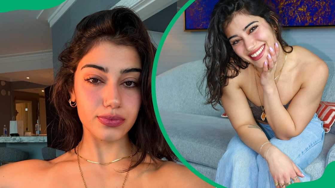 Sara Saffari takes an indoor selfie and she sits on a grey couch in faded denim pants Sara Saffari takes an indoor selfie and she sits on a grey couch in faded denim pants