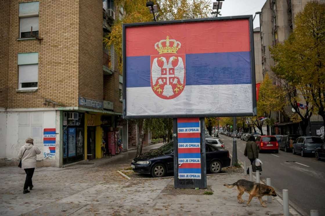 A billboard with the Serbian national flag reading 'This is Serbia' in Mitrovica, northern Kosovo