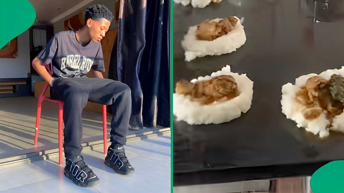 A teen was served unplated food on the kitchen counter A teen was served unplated food on the kitchen counter