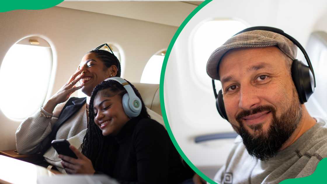 Passengers with headphones in an aeroplane