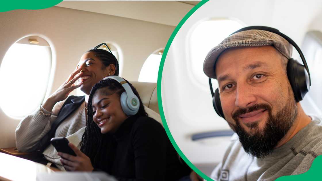 Passengers with headphones in an aeroplane Passengers with headphones in an aeroplane