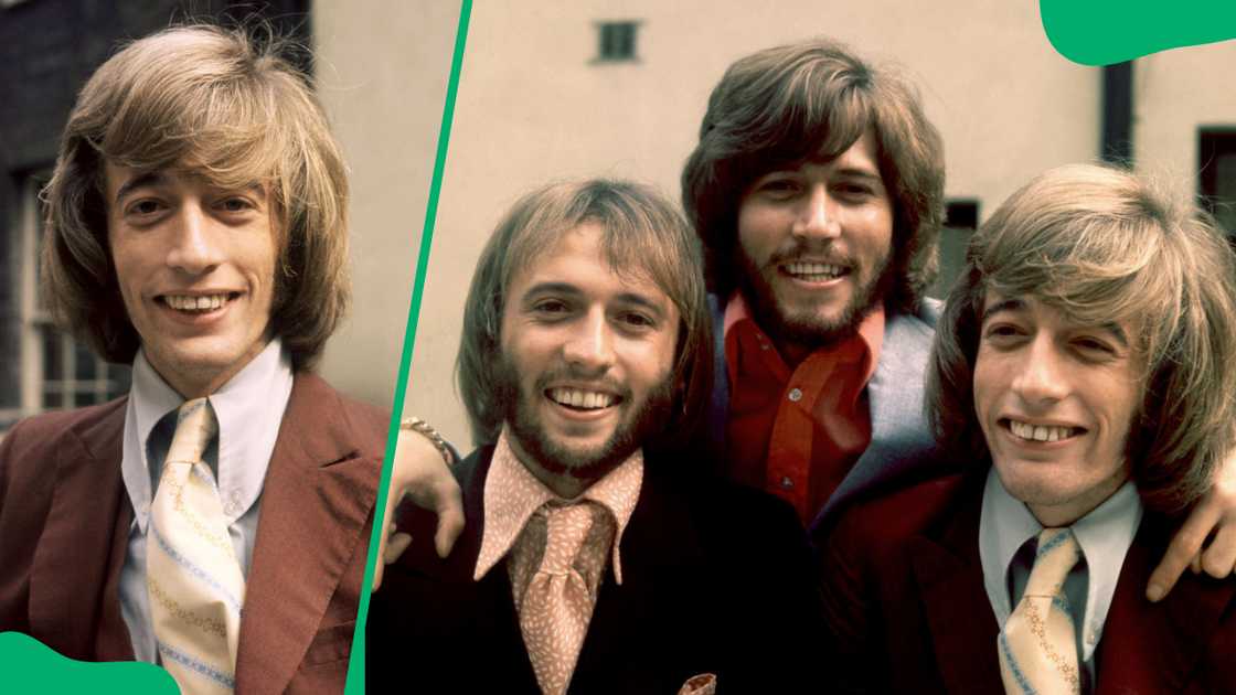 Maurice, Barry, and Robin Gibb pose for a group portrait in London, England