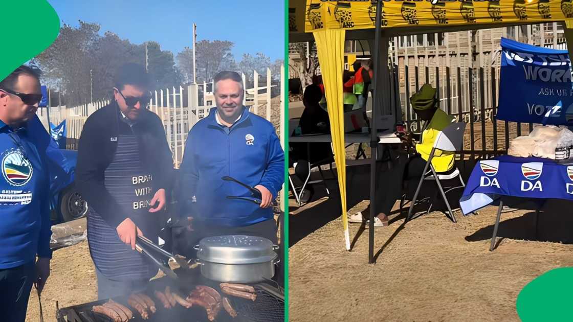 Opposing party members put political competition on hold to enjoy a shared meal outside their campaign gazebo Opposing party members put political competition on hold to enjoy a shared meal outside their campaign gazebo