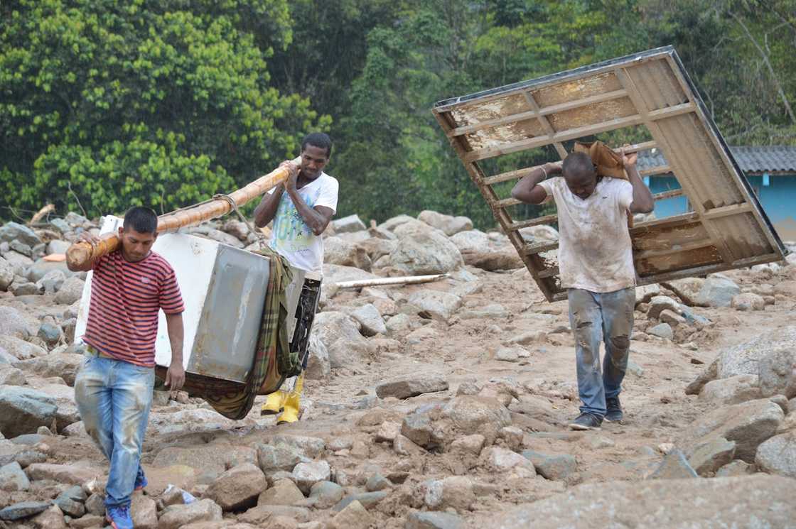 Men carry household debris across muddy ground after flood damage. Men carry household debris across muddy ground after flood damage.