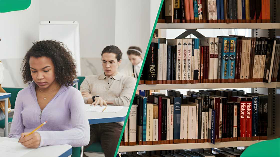 Students doing exams and a library Students doing exams and a library