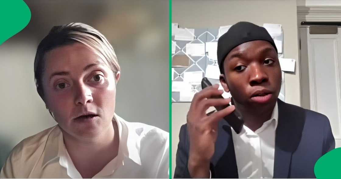 Young man trolls recruiter during job interview. Young man trolls recruiter during job interview.