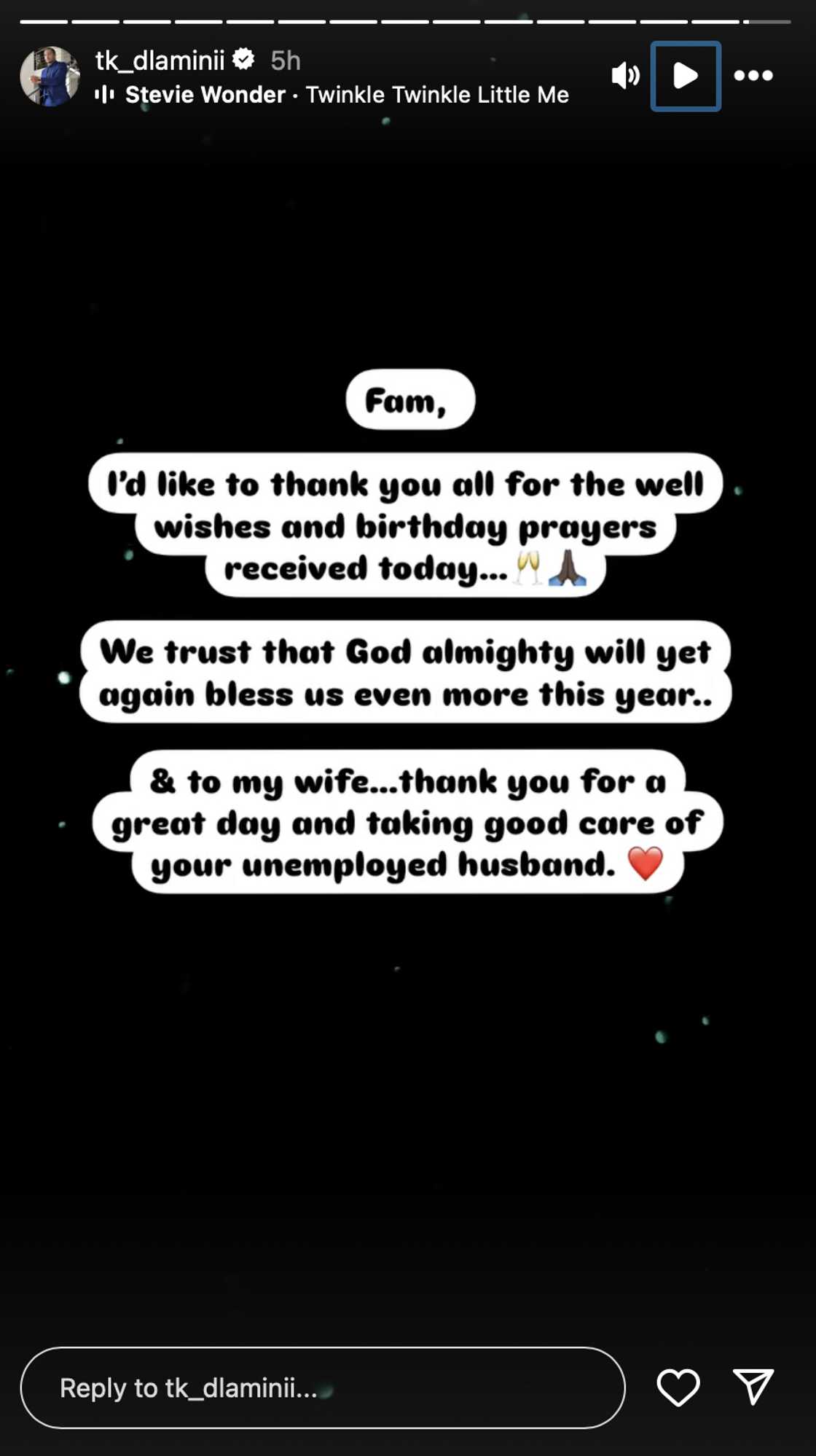 Ntokozo "TK" Dlamini's thank-you message Ntokozo "TK" Dlamini's thank-you message