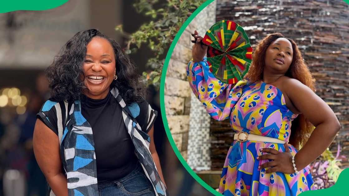 Xolly Mncwango is pictured in colourful African outfits