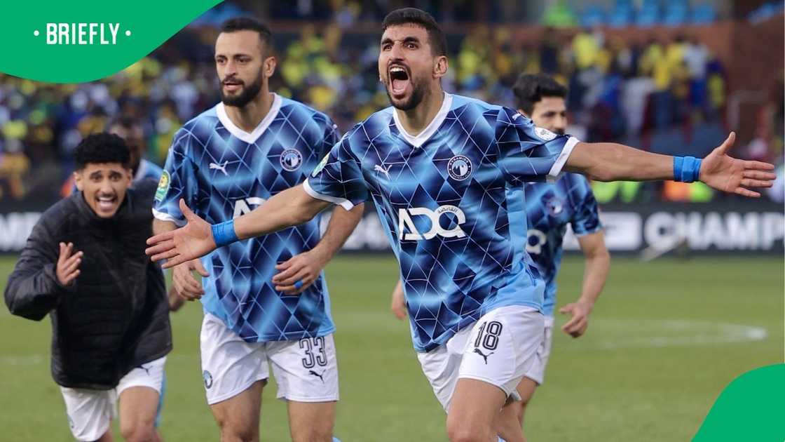 Pyramids FC celebrate late equaliser against Mamelodi Sundowns. Pyramids FC celebrate late equaliser against Mamelodi Sundowns.