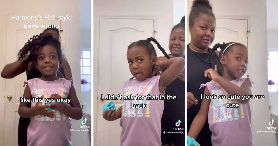An adorable girl got her hair done by her mom. An adorable girl got her hair done by her mom.