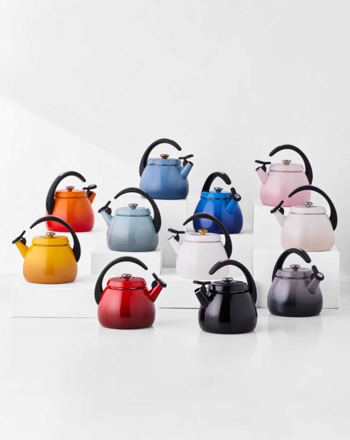 An array of Le Creuset kettles.