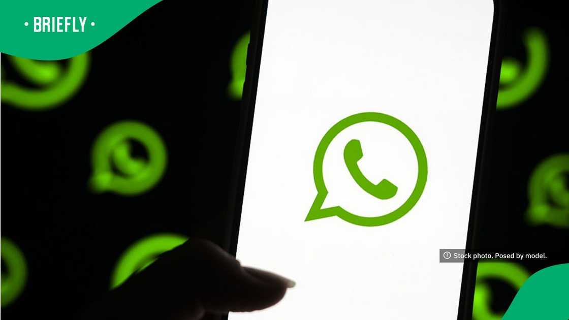 WhatsApp logo displayed on a mobile phone screen held in hand