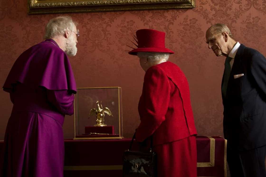 The gold Ampulla, fashioned in the shape of an eagle, holds the consecrated oil used in the coronation