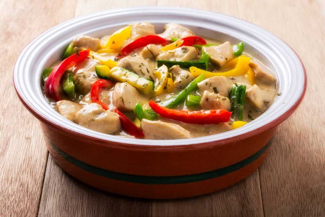 A chicken a la king casserole. A chicken a la king casserole.