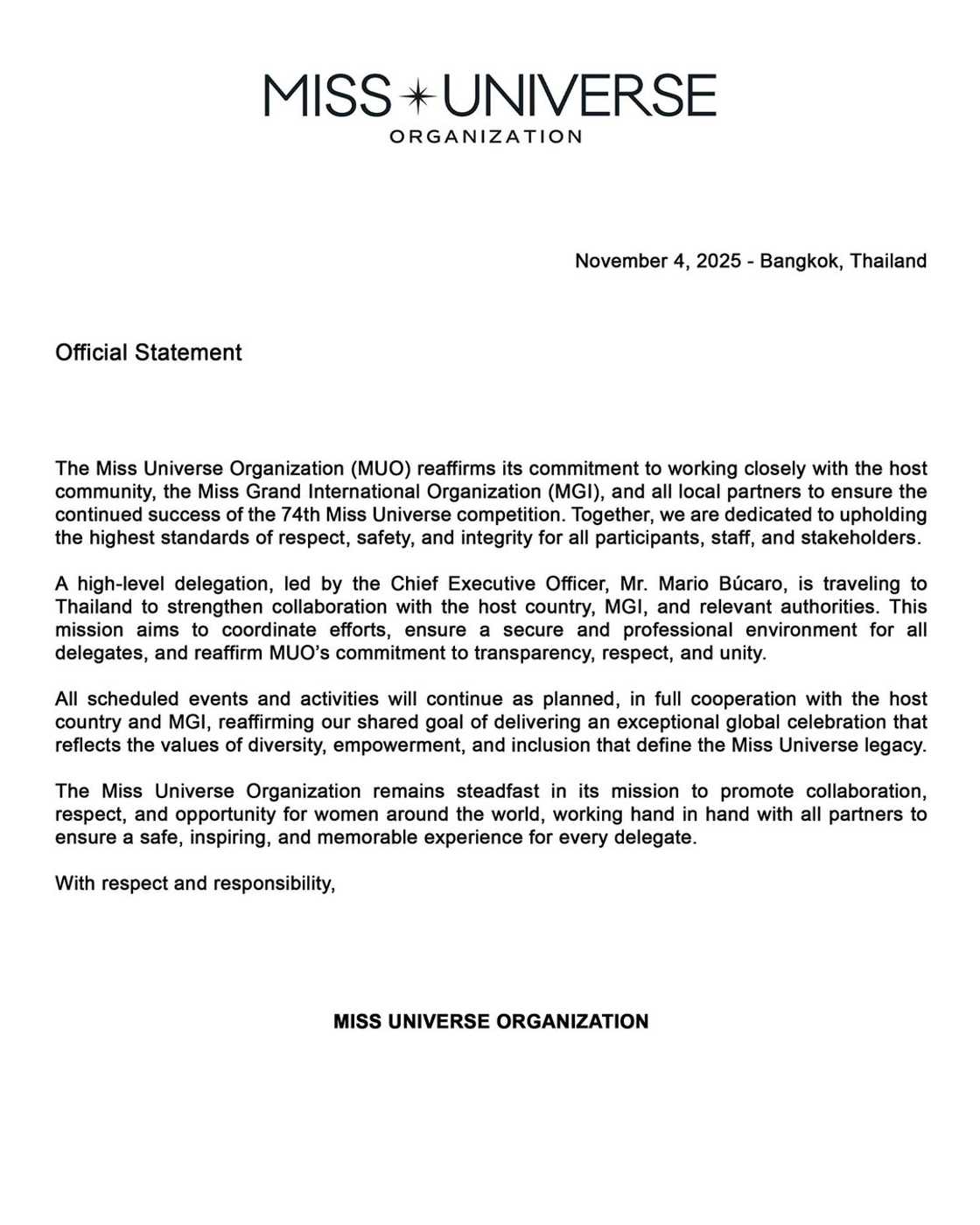 A statement from the Miss Universe Organisation.