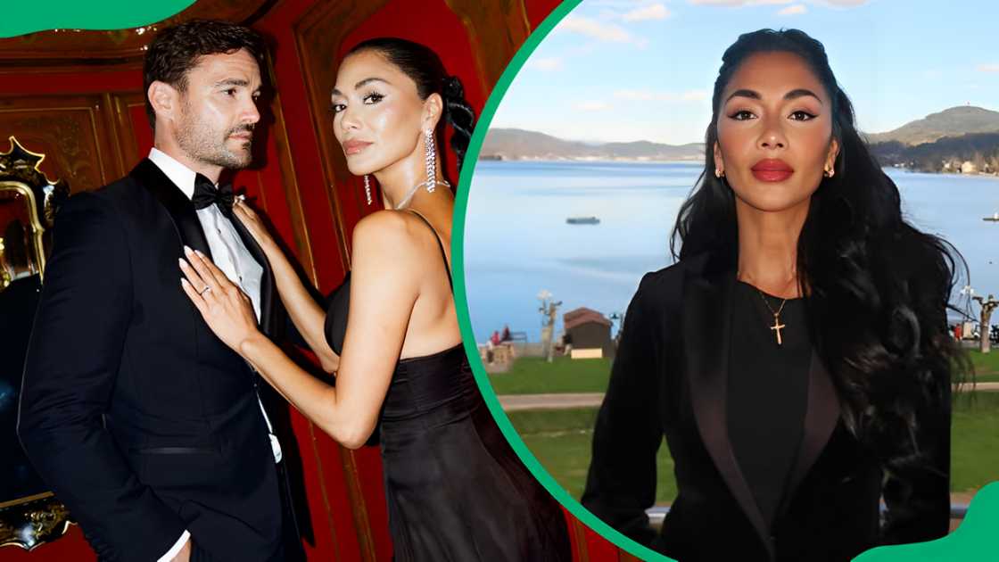 Grigor Dimitrov and Nicole Scherzinger posing for a photo (L). Nicole Scherzinger posing for a photo in a black outfit (R) Grigor Dimitrov and Nicole Scherzinger posing for a photo (L). Nicole Scherzinger posing for a photo in a black outfit (R)