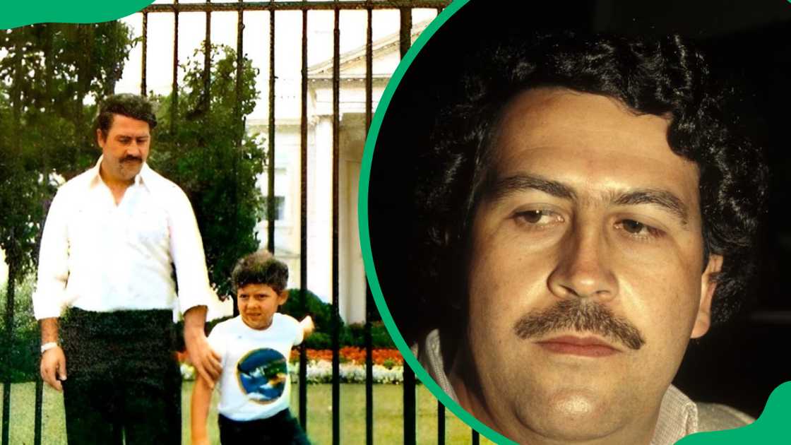 Pablo Escobar in Washington DC with his son (L). Pablo Escobar in Columbia (R).