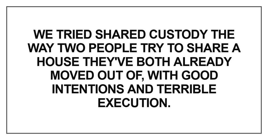 We tried shared custody the way two people try to share a We tried shared custody the way two people try to share a