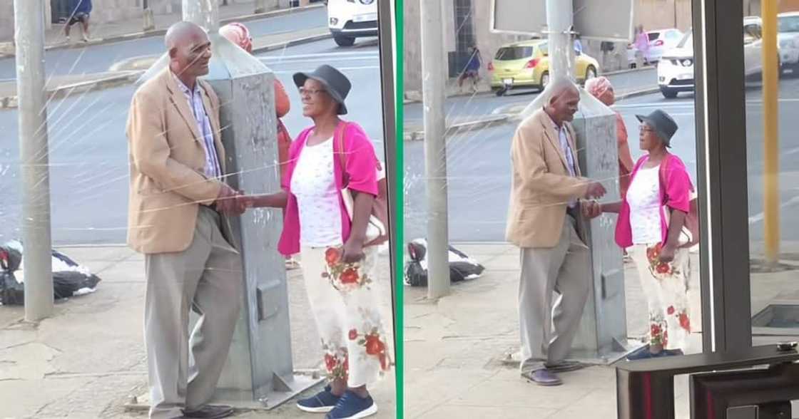 A TikTok video of an old couple standing in the street. A TikTok video of an old couple standing in the street.