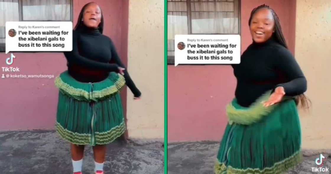 A TikTok video shows a Tsonga woman dancing to an amapiano song in a xibelani A TikTok video shows a Tsonga woman dancing to an amapiano song in a xibelani