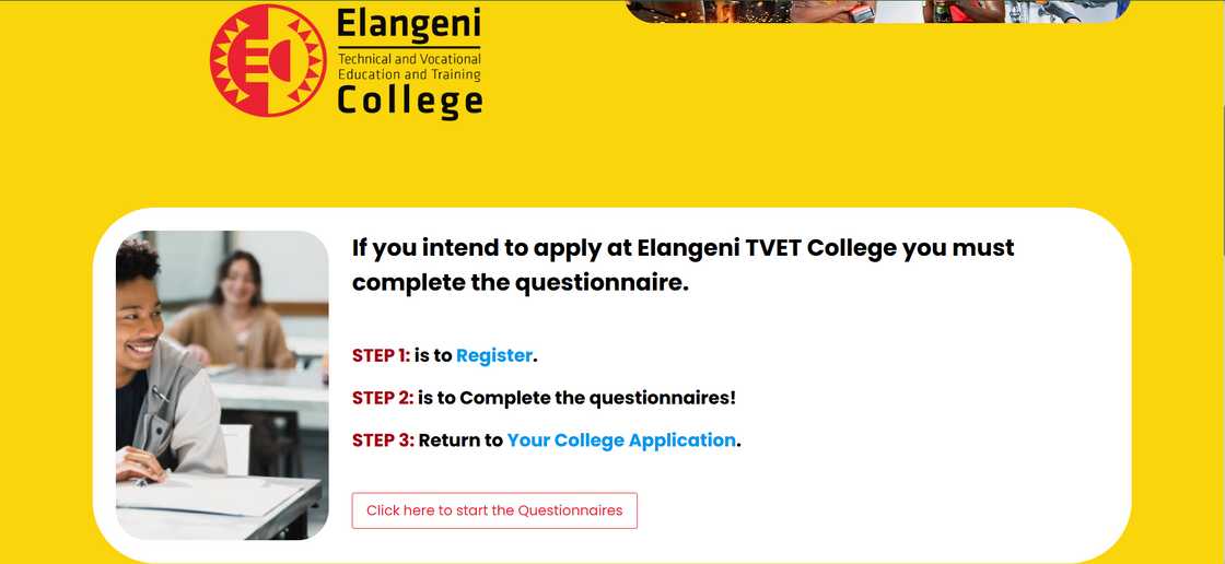 Elangeni College online application page