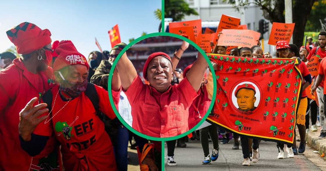 South Africa's radical left Economic Freedom Fighters (EFF) opposition party leader Julius Malema (R) acknowledges the crowd at the Orlando Stadium in Soweto