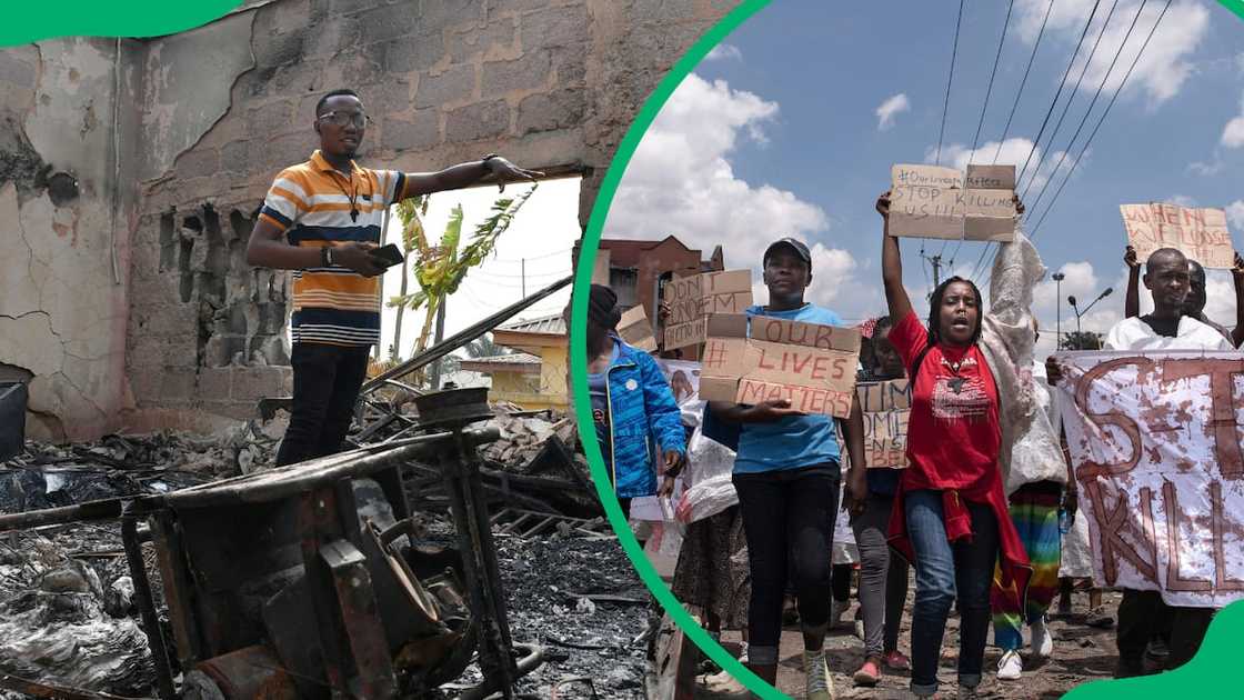 A demolished building and activists protesting