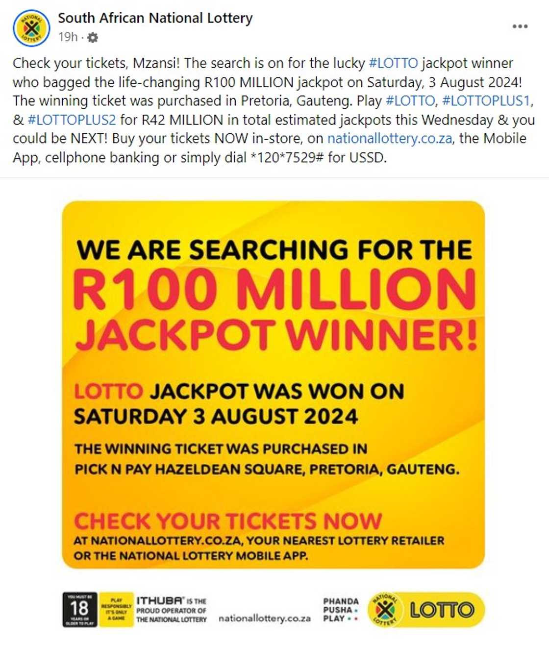 A Lotto player won R100 million. A Lotto player won R100 million.