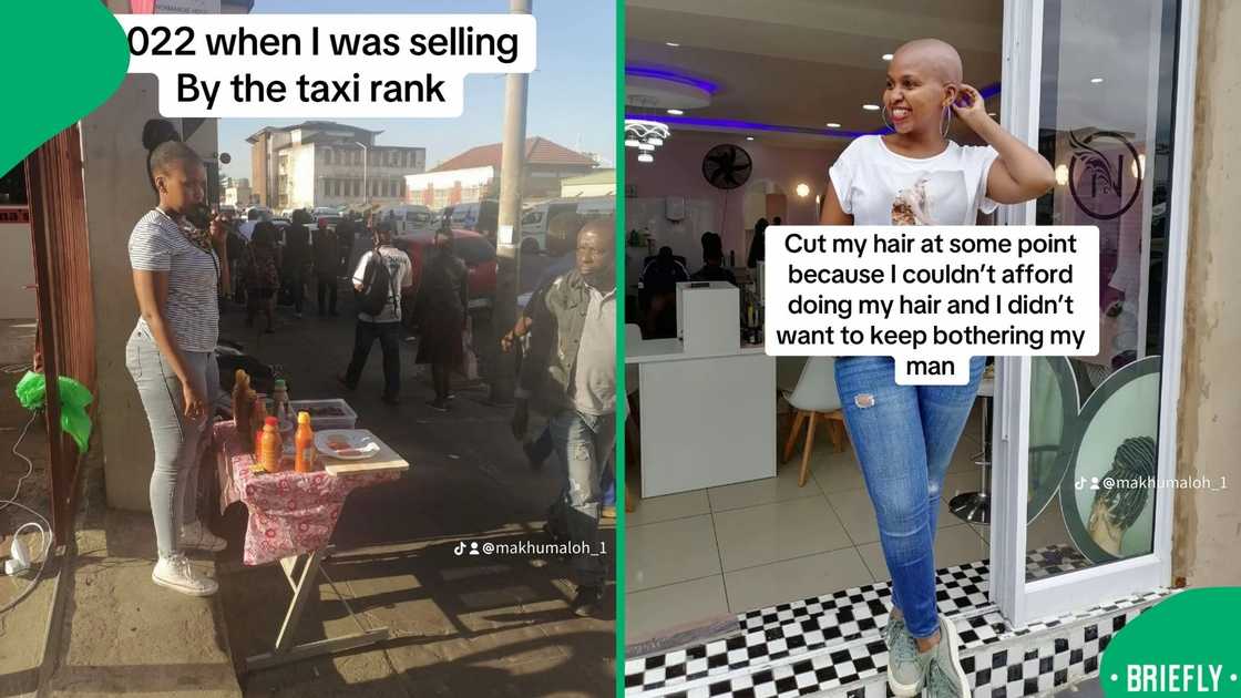 The visual on the right captured a Makhumalo, bald after she had cut her hair