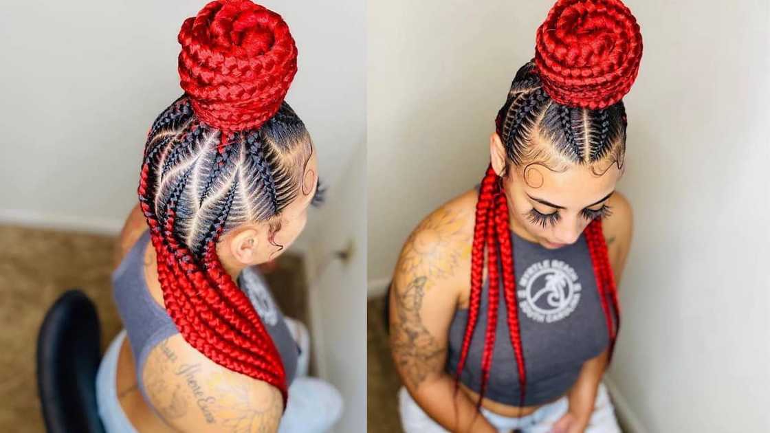 The red half up half down stitched cornrow queen The red half up half down stitched cornrow queen