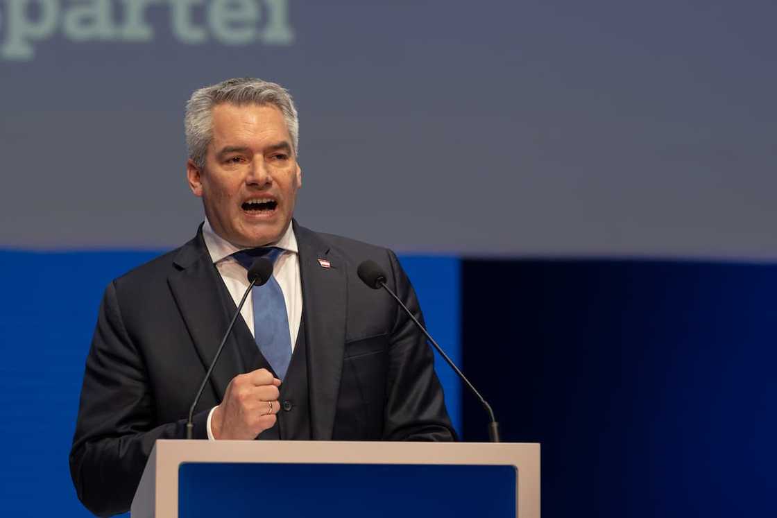 Karl Nehammer, the federal canchellor of Austria, gives a speech Karl Nehammer, the federal canchellor of Austria, gives a speech