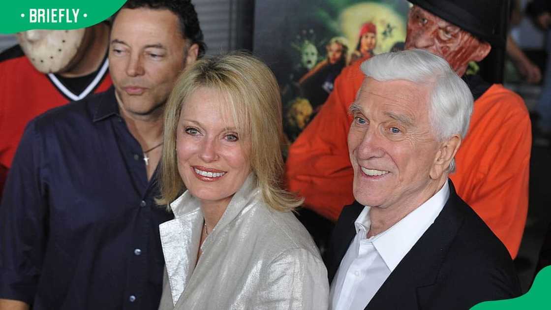 Leslie Nielsen with his wife Barbaree Earl Nielsen during the 2009 premiere of the horror film parody Stan Helsing in Los Angeles, California.