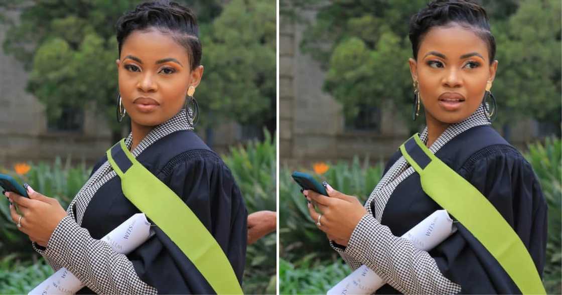 A pretty lady is excited to have obtained her Bachelor of Commerce degree from the University of the Witwatersrand A pretty lady is excited to have obtained her Bachelor of Commerce degree from the University of the Witwatersrand