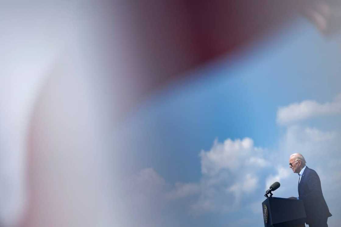 US President Joe Biden delivers remarks at the former location of the Brayton Point Power Station in Somerset, Massachussets, on July 20, 2022, warning that climate change represents a "clear and present danger" to the nation