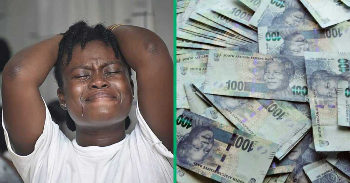 Stock photos of a woman crying and South African rands Stock photos of a woman crying and South African rands
