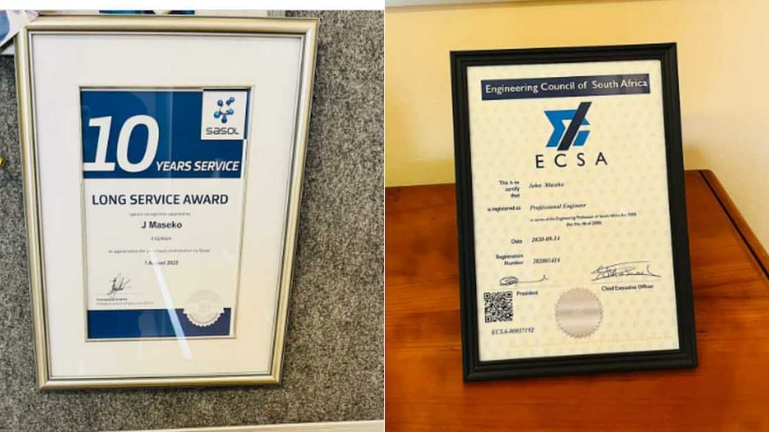 John Maseko's Sasol award, Certificate in Engineer Council of South Africa John Maseko's Sasol award, Certificate in Engineer Council of South Africa