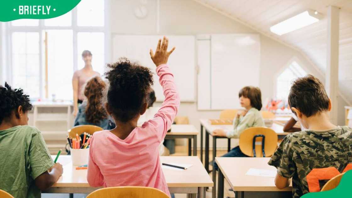 A young learner raising her hand to answer a question in class A young learner raising her hand to answer a question in class