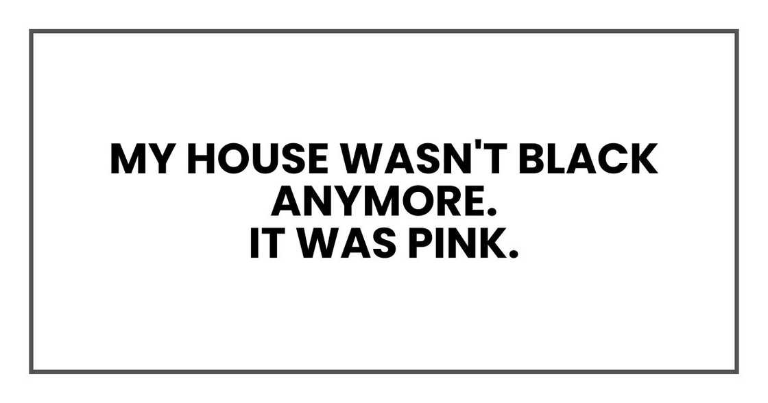 My house wasn't black anymore.
It was pink. My house wasn't black anymore.
It was pink.