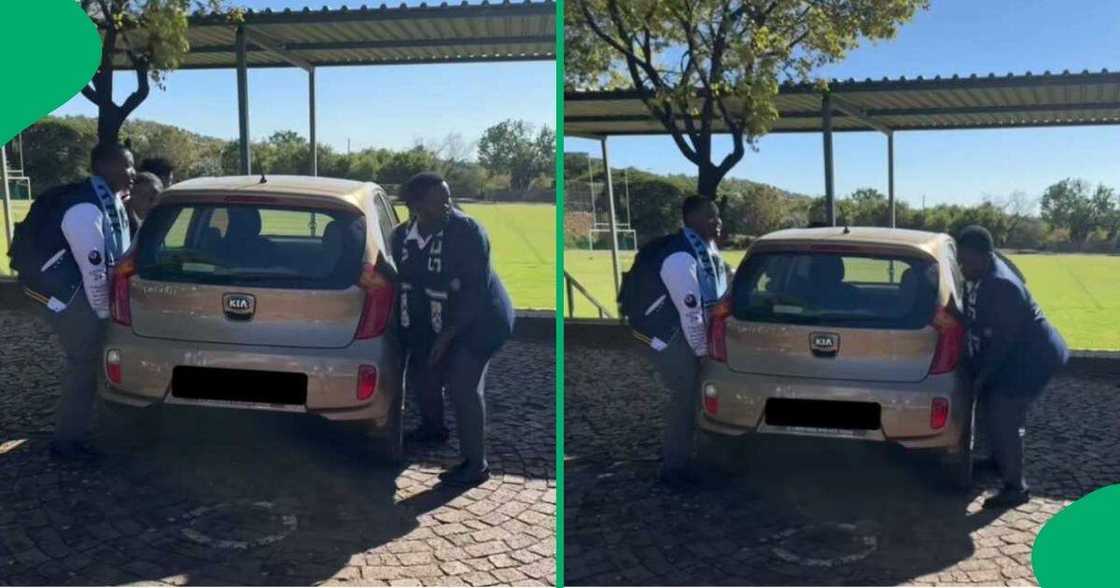 A TikTok video shows a group of schoolboys picking up a teacher's Kia. A TikTok video shows a group of schoolboys picking up a teacher's Kia.
