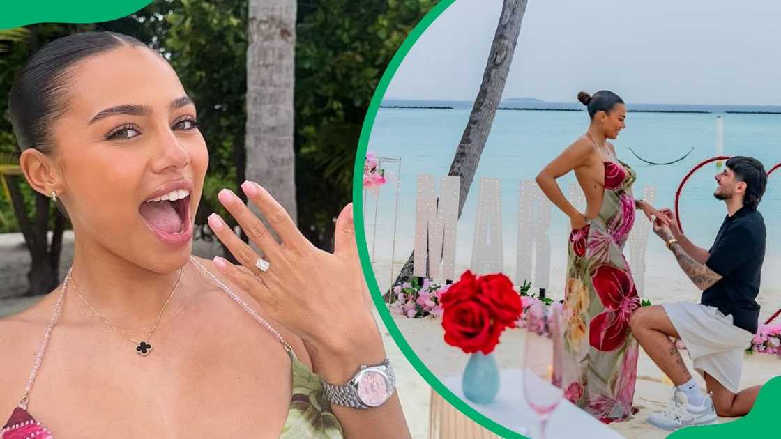 Tennesse Thresher showing off her engagement ring (L). Danny Aaron proposing to his girlfriend (R)