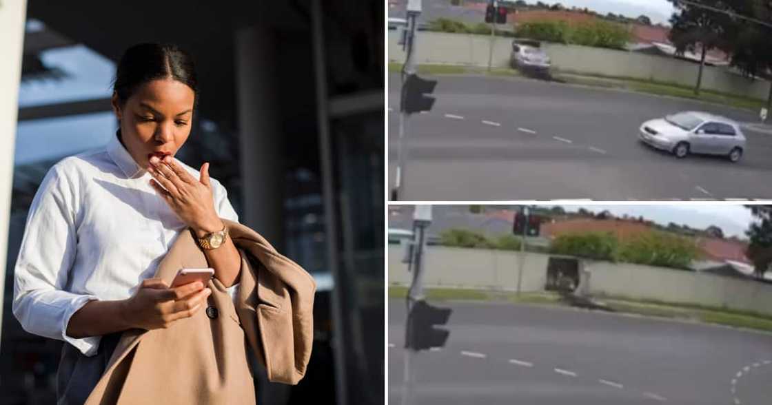 Car driving through a wall and a shocked woman Car driving through a wall and a shocked woman